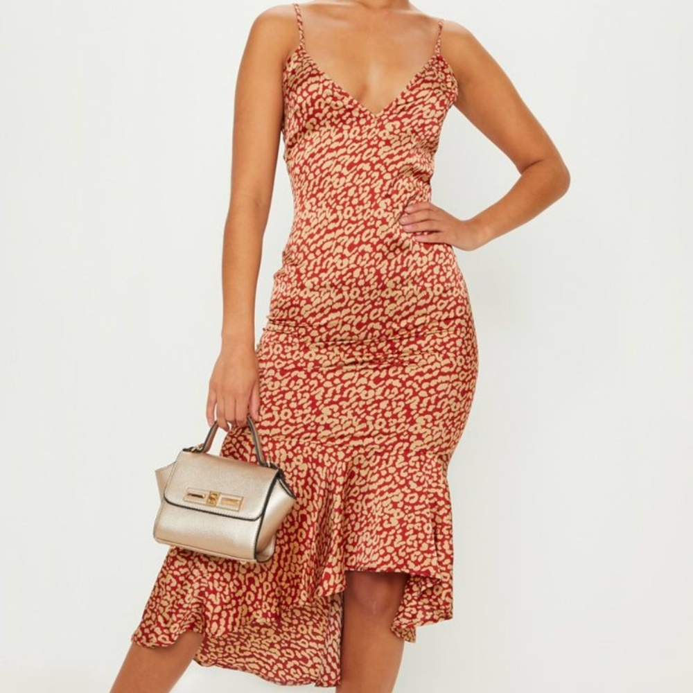 PrettyLittleThing Red Leopard Print Midi Dress